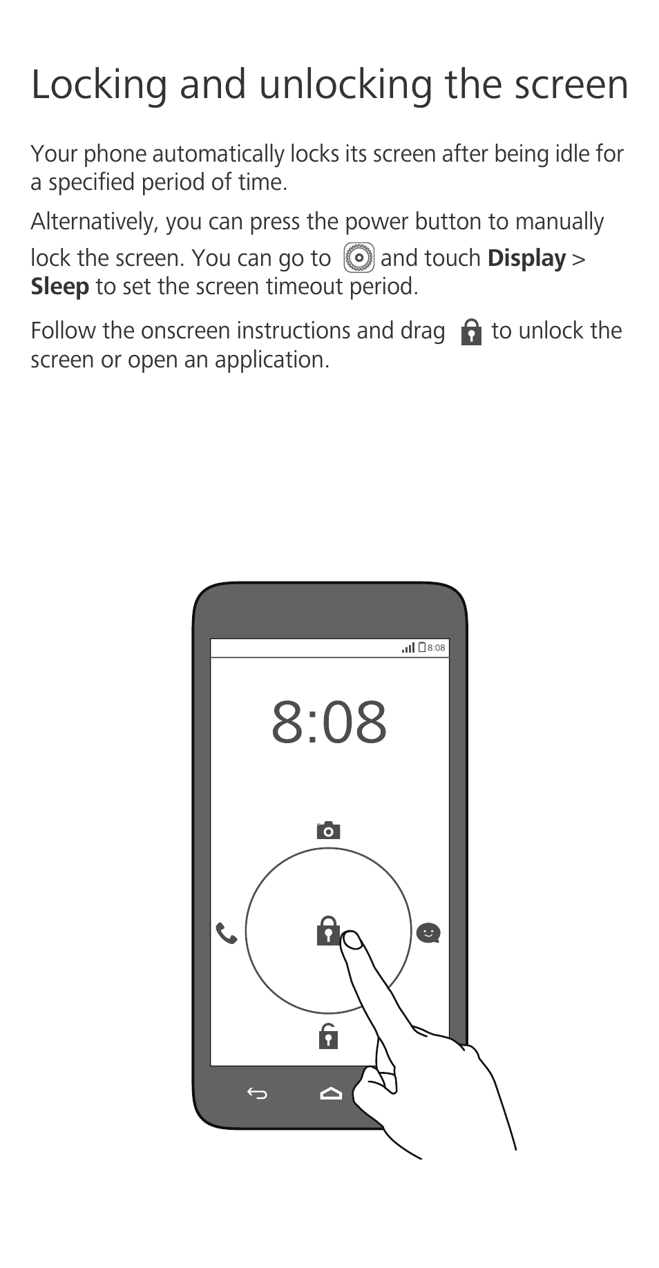 Locking and unlocking the screen | Huawei Ascend G630-U251 Quick Start User Manual | Page 5 / 24