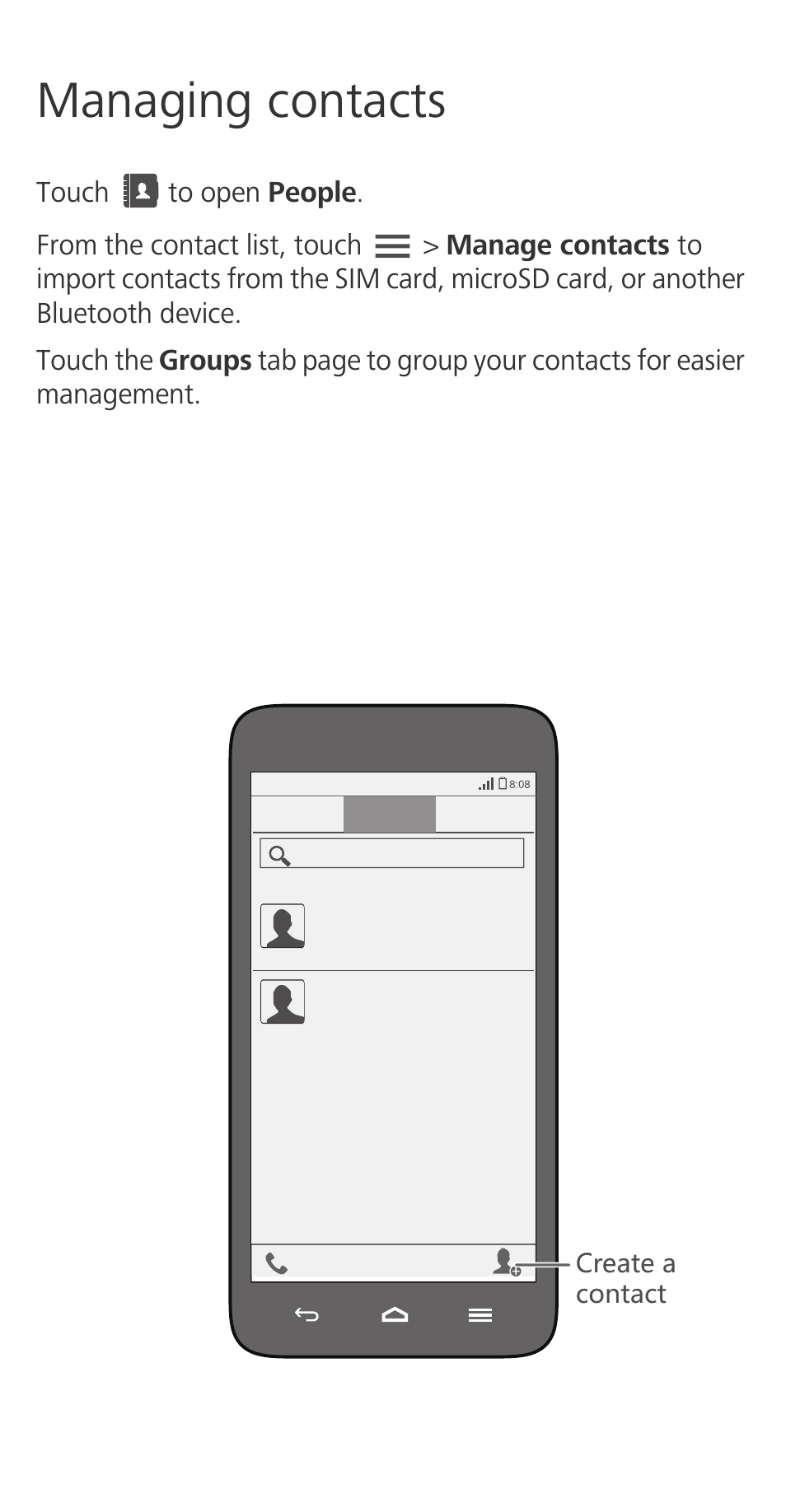 Managing contacts | Huawei Ascend G630-U251 Quick Start User Manual | Page 6 / 24