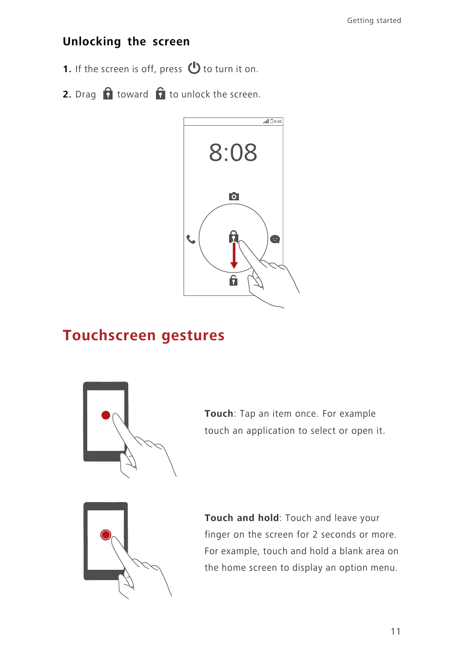 Unlocking the screen, Touchscreen gestures | Huawei Ascend G630-U251 User Guide User Manual | Page 16 / 98