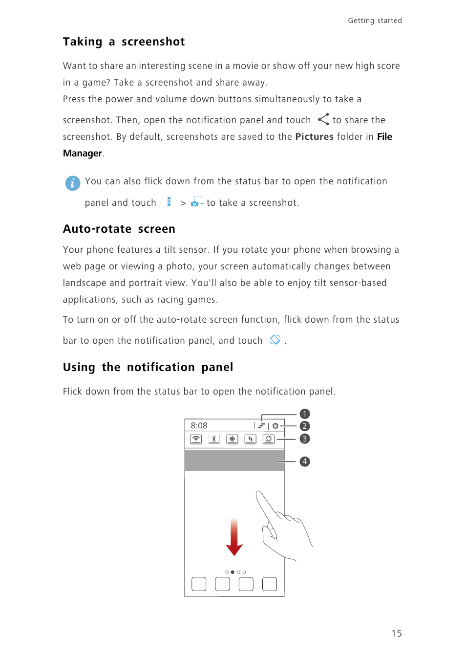 Taking a screenshot, Auto-rotate screen, Using the notification panel | Huawei Ascend G630-U251 User Guide User Manual | Page 20 / 98