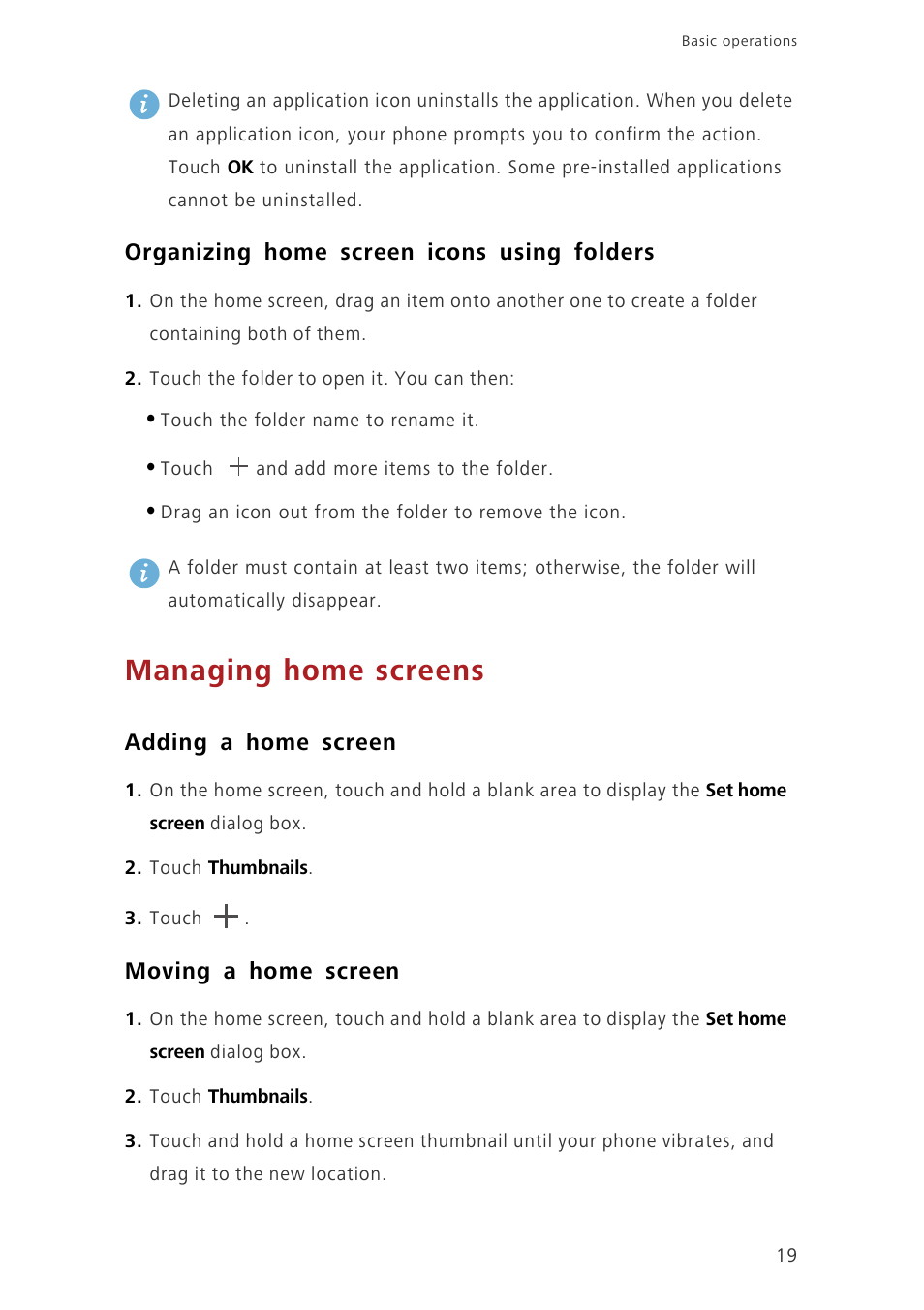 Organizing home screen icons using folders, Managing home screens, Adding a home screen | Moving a home screen | Huawei Ascend G630-U251 User Guide User Manual | Page 24 / 98