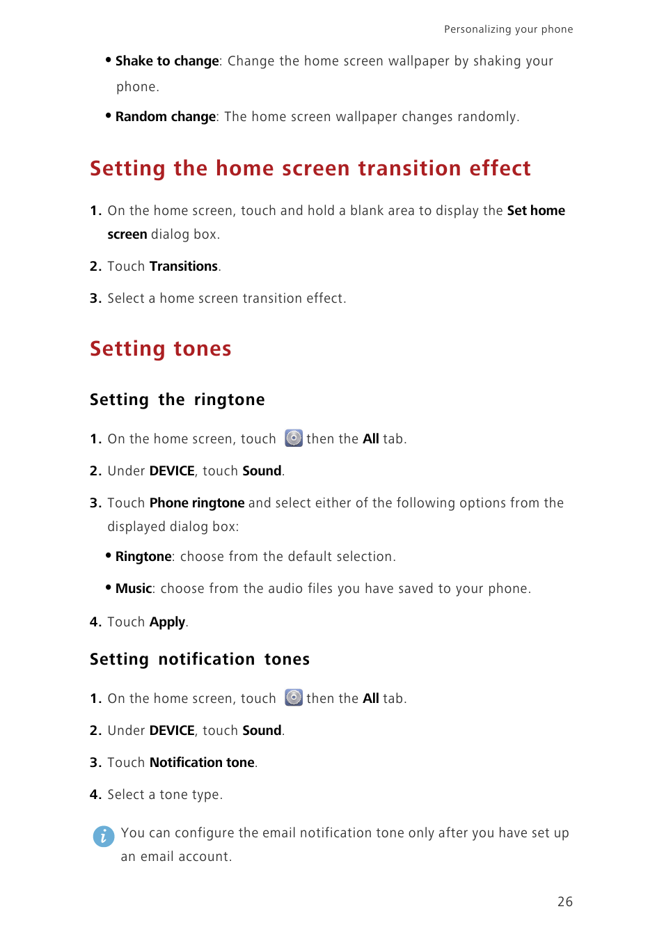 Setting the home screen transition effect, Setting tones, Setting the ringtone | Setting notification tones | Huawei Ascend G630-U251 User Guide User Manual | Page 31 / 98