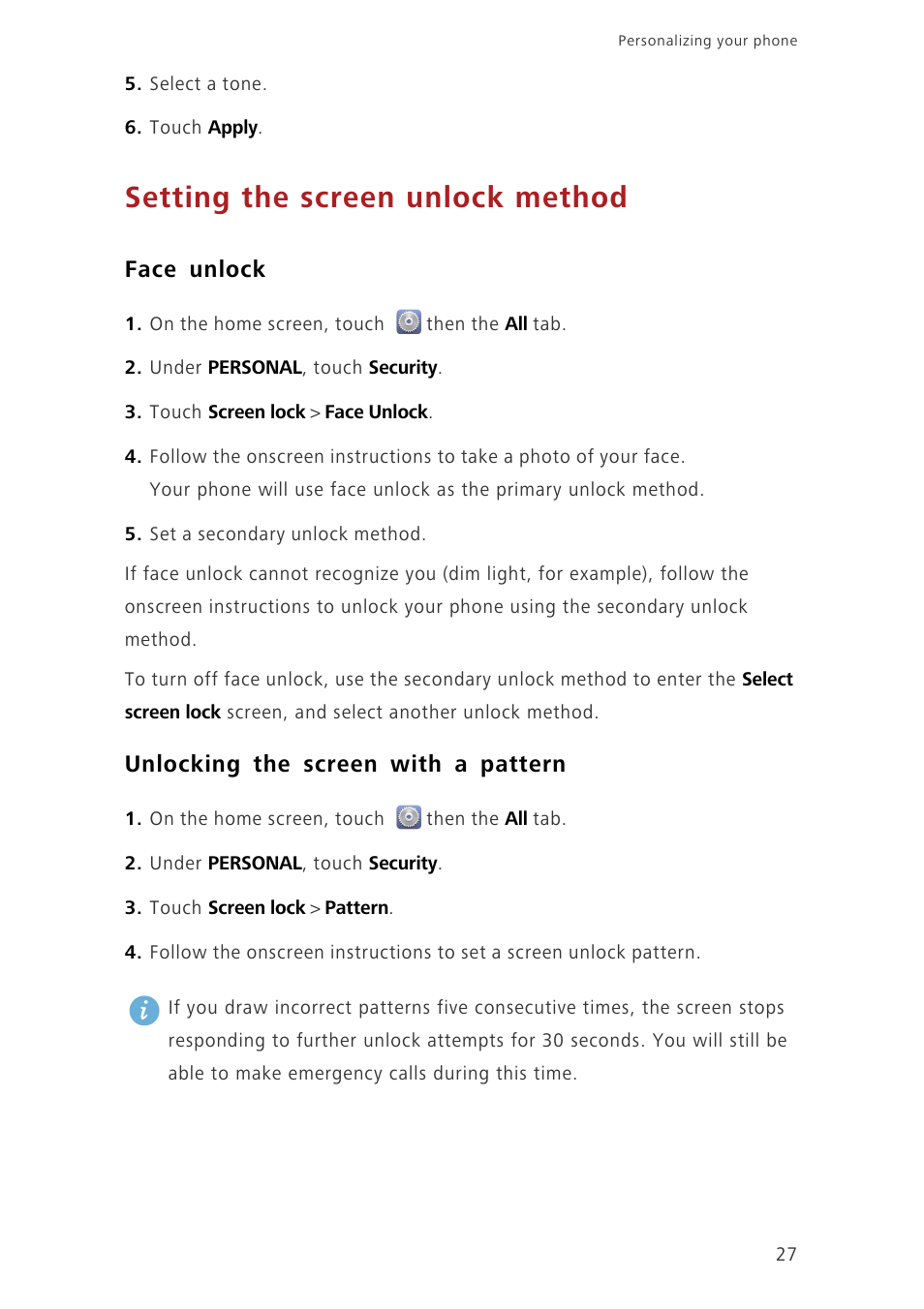 Setting the screen unlock method, Face unlock, Unlocking the screen with a pattern | Huawei Ascend G630-U251 User Guide User Manual | Page 32 / 98