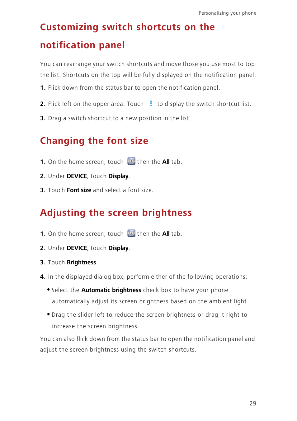 Changing the font size, Adjusting the screen brightness | Huawei Ascend G630-U251 User Guide User Manual | Page 34 / 98