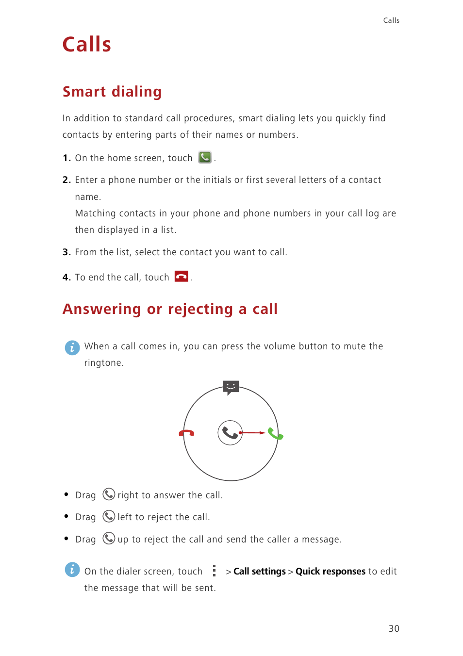 Calls, Smart dialing, Answering or rejecting a call | Huawei Ascend G630-U251 User Guide User Manual | Page 35 / 98