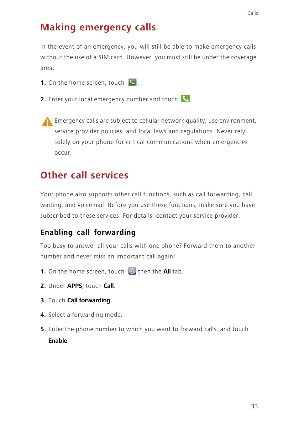 Making emergency calls, Other call services, Enabling call forwarding | Huawei Ascend G630-U251 User Guide User Manual | Page 38 / 98