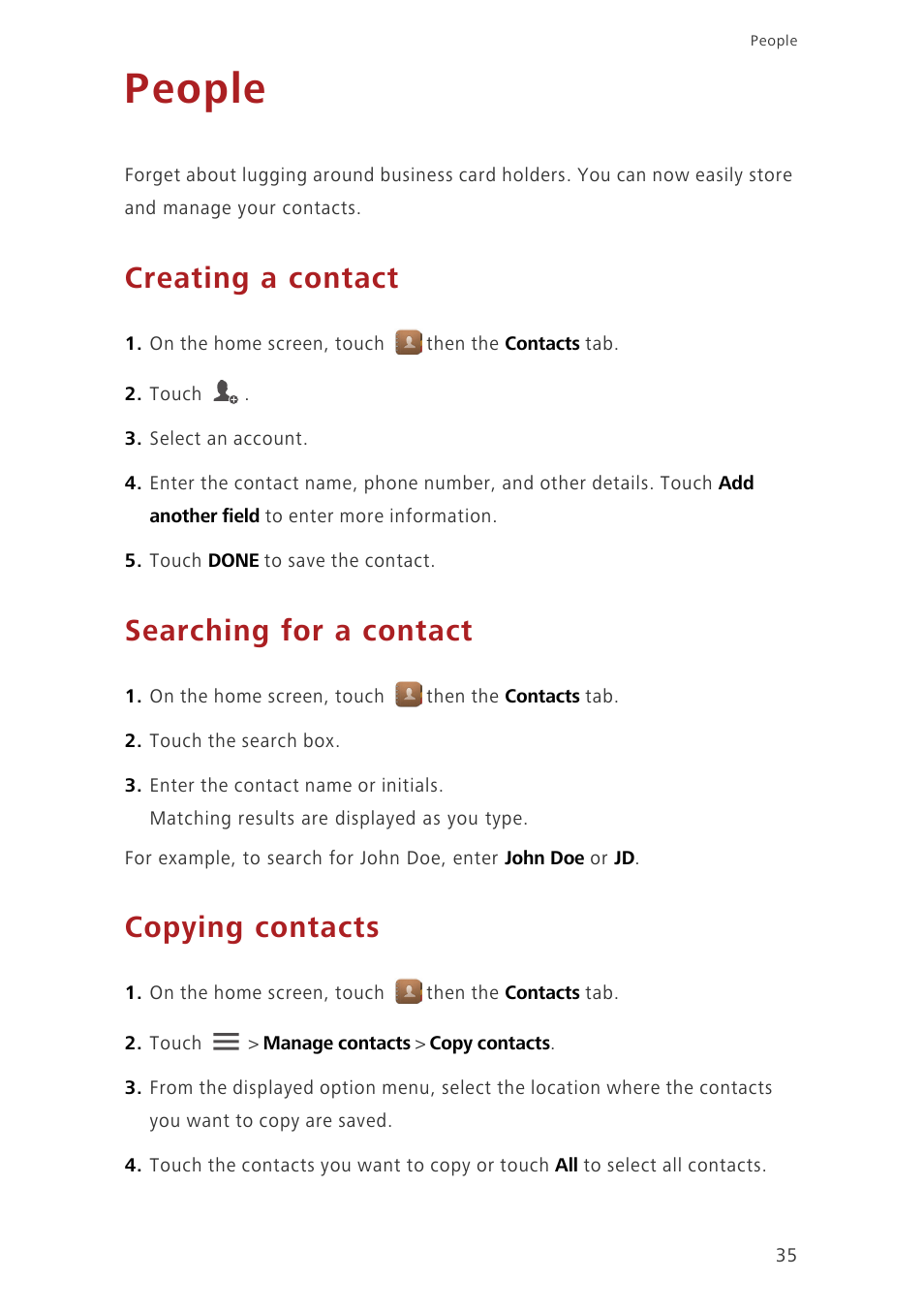 People, Creating a contact, Searching for a contact | Copying contacts | Huawei Ascend G630-U251 User Guide User Manual | Page 40 / 98