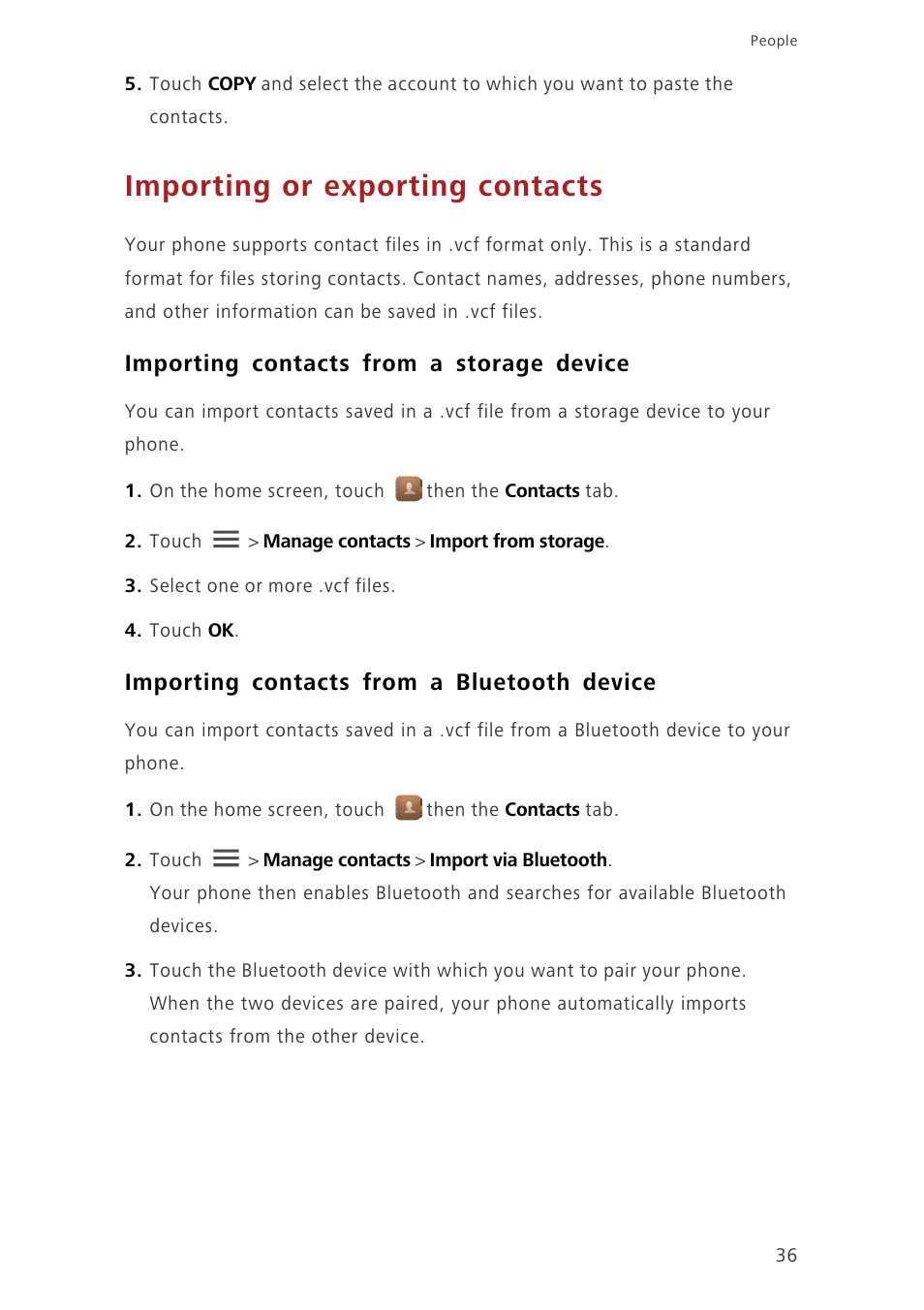Importing or exporting contacts, Importing contacts from a storage device, Importing contacts from a bluetooth device | Huawei Ascend G630-U251 User Guide User Manual | Page 41 / 98