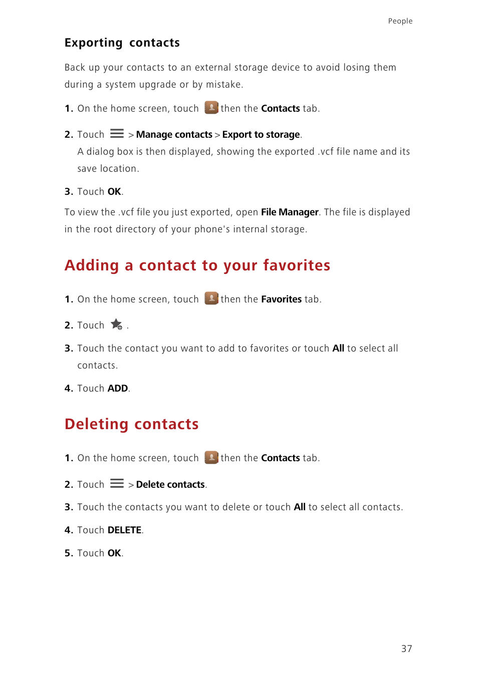 Exporting contacts, Adding a contact to your favorites, Deleting contacts | Huawei Ascend G630-U251 User Guide User Manual | Page 42 / 98