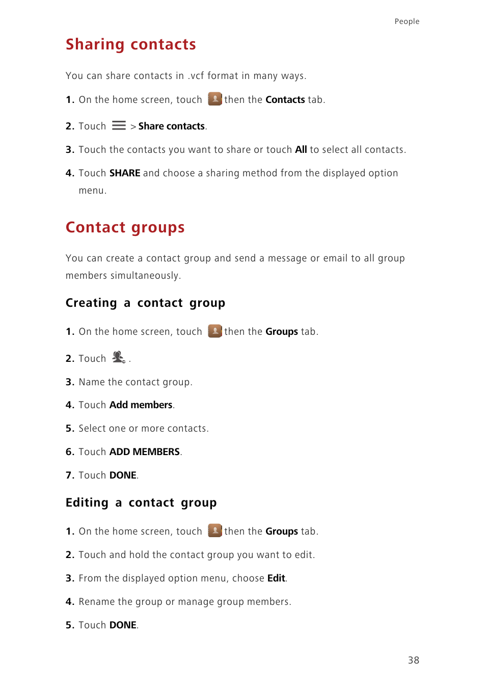 Sharing contacts, Contact groups, Creating a contact group | Editing a contact group | Huawei Ascend G630-U251 User Guide User Manual | Page 43 / 98