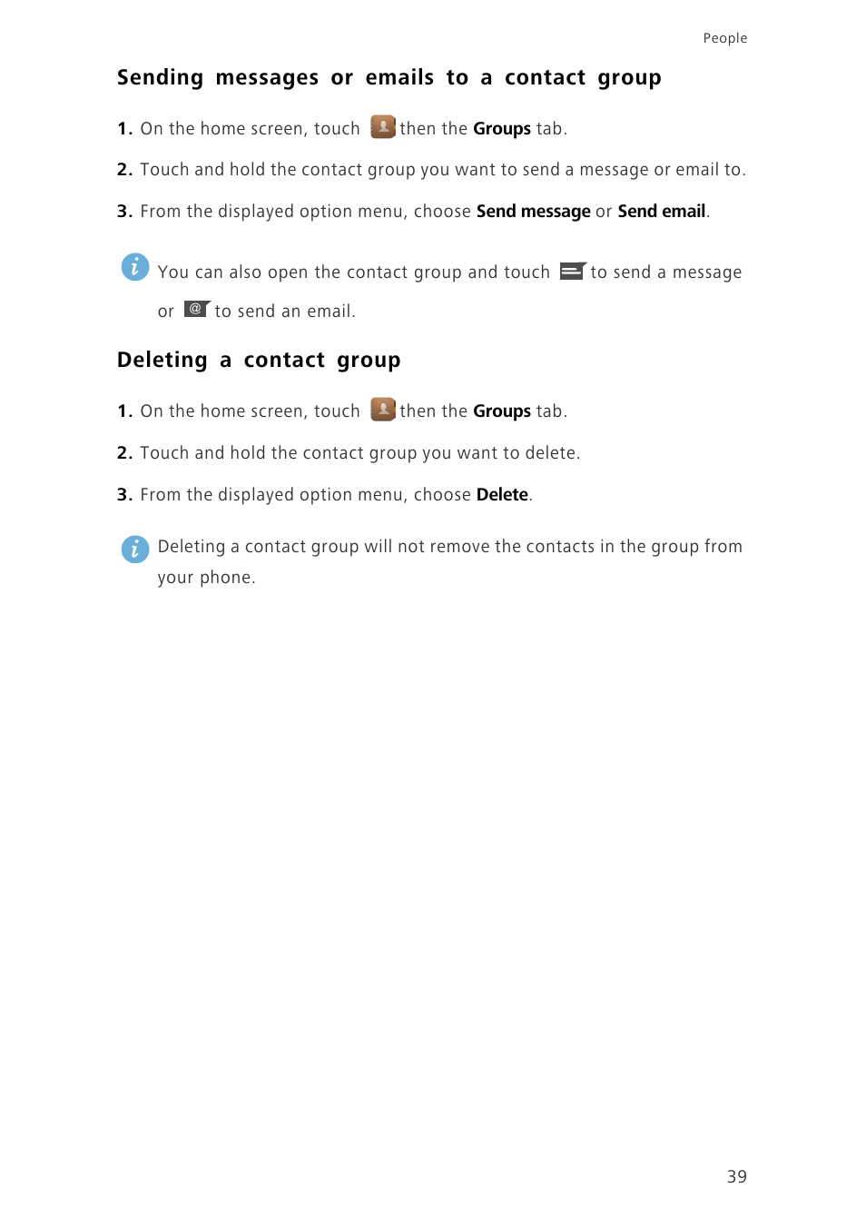 Sending messages or emails to a contact group, Deleting a contact group | Huawei Ascend G630-U251 User Guide User Manual | Page 44 / 98