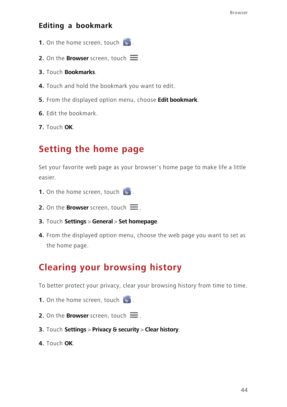 Editing a bookmark, Clearing your browsing history, Setting the home page | Huawei Ascend G630-U251 User Guide User Manual | Page 49 / 98