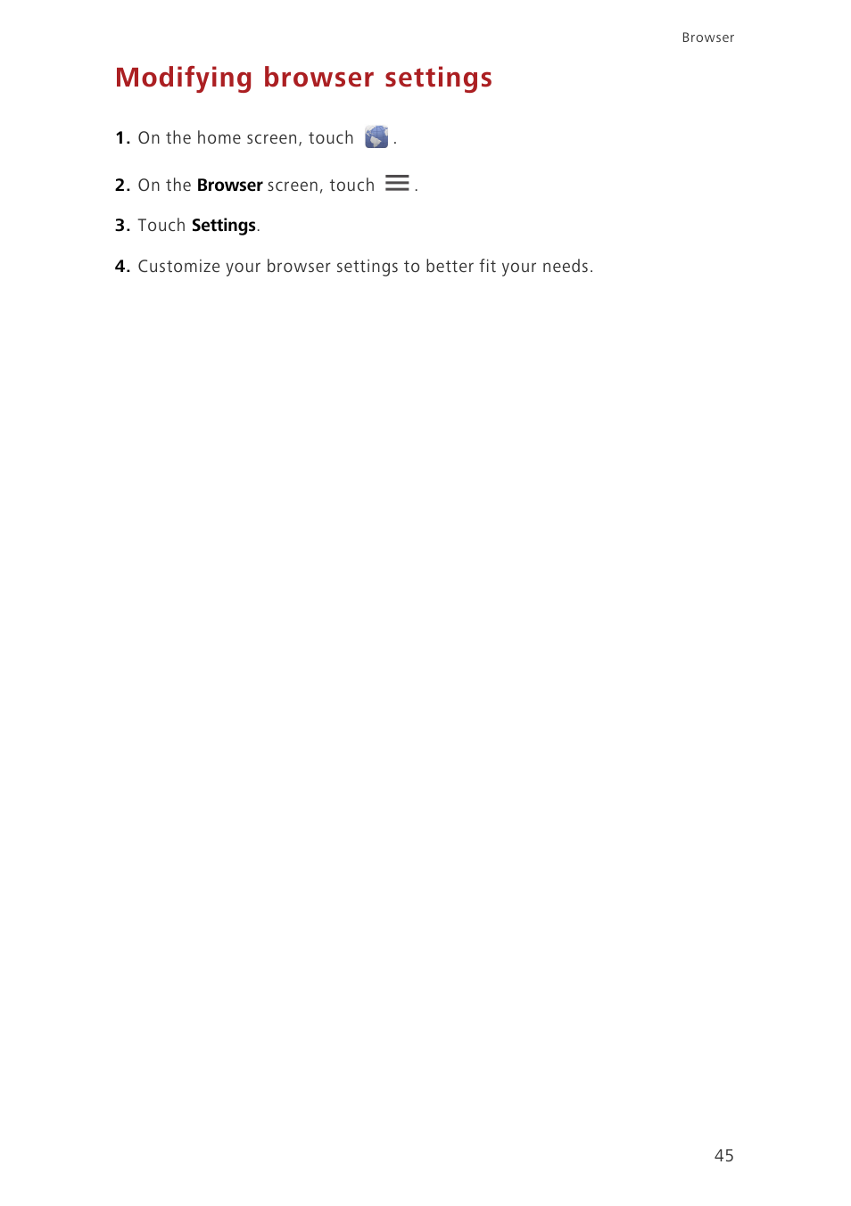 Modifying browser settings | Huawei Ascend G630-U251 User Guide User Manual | Page 50 / 98