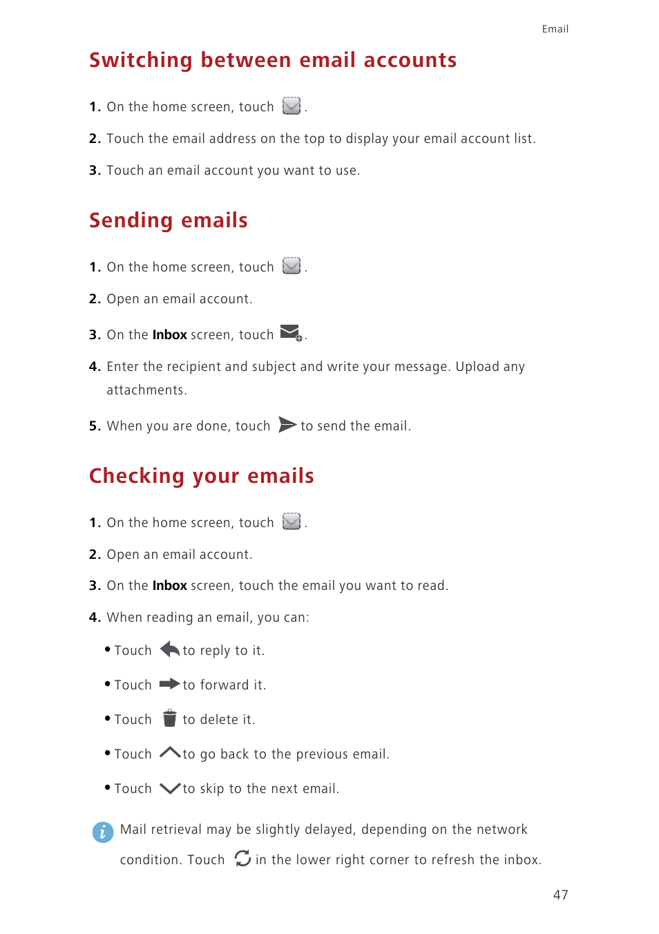 Switching between email accounts, Sending emails, Checking your emails | Huawei Ascend G630-U251 User Guide User Manual | Page 52 / 98