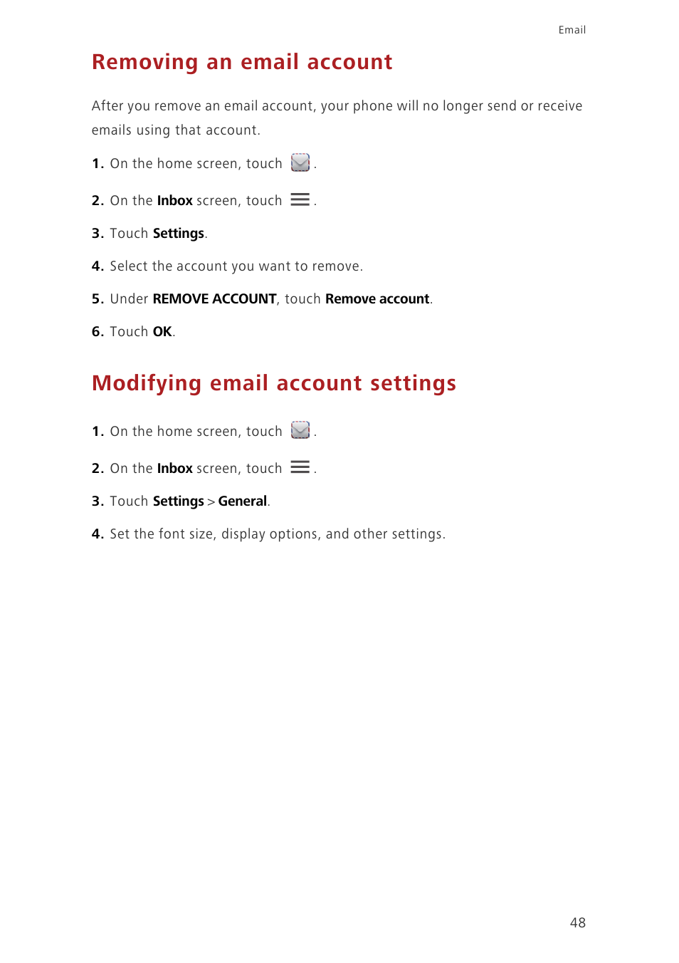 Removing an email account, Modifying email account settings | Huawei Ascend G630-U251 User Guide User Manual | Page 53 / 98