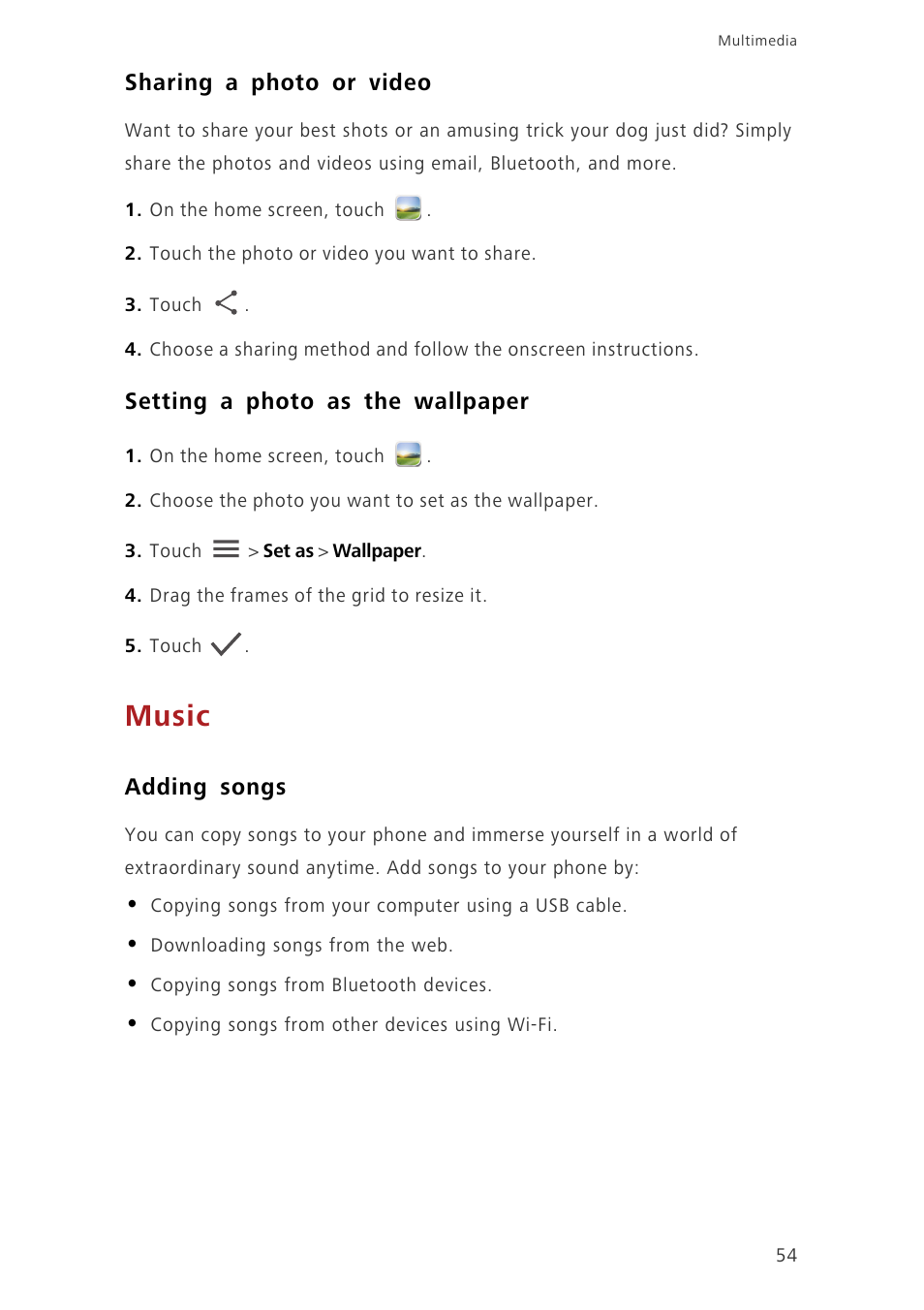 Sharing a photo or video, Setting a photo as the wallpaper, Music | Adding songs | Huawei Ascend G630-U251 User Guide User Manual | Page 59 / 98