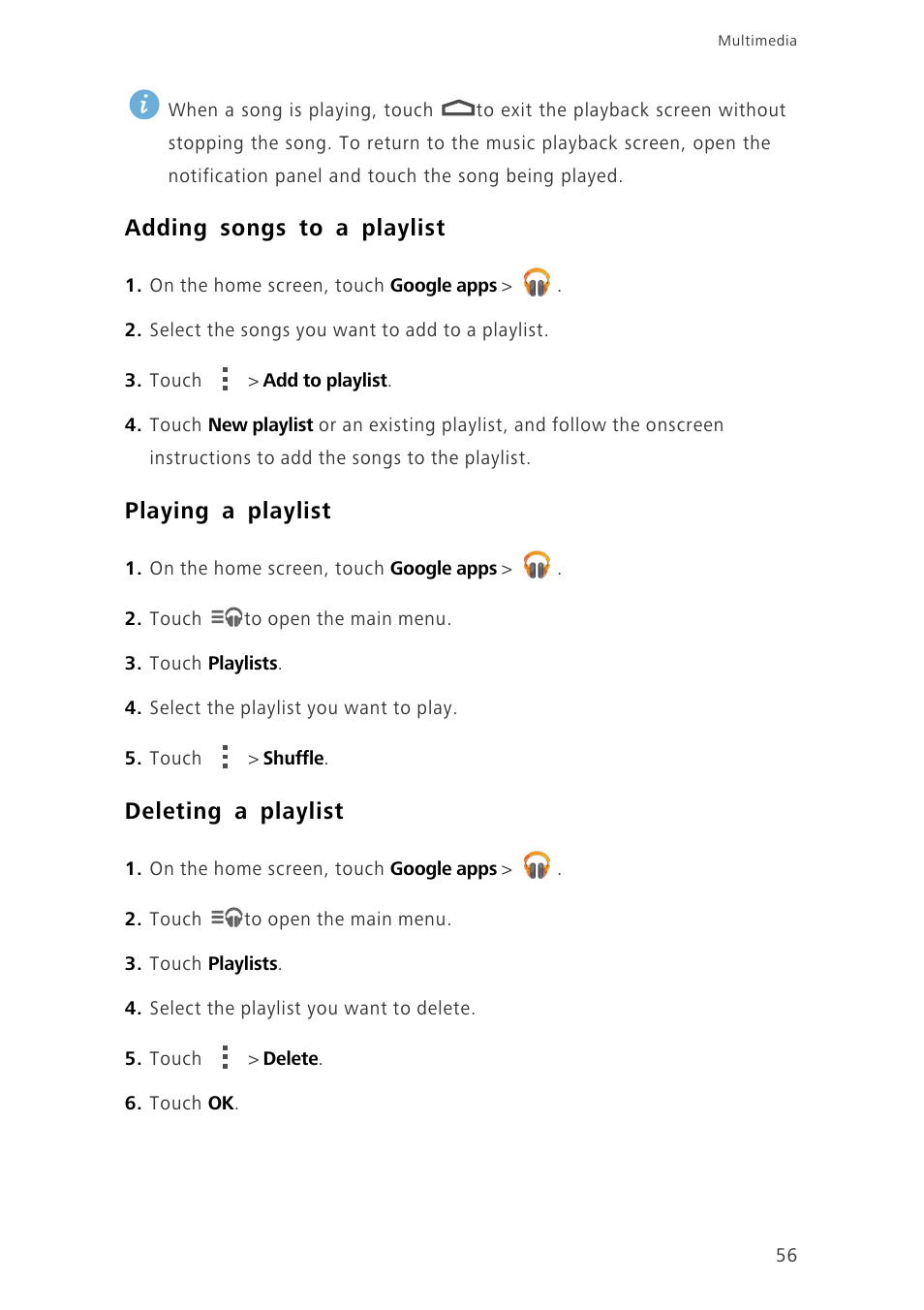 Adding songs to a playlist, Playing a playlist, Deleting a playlist | Huawei Ascend G630-U251 User Guide User Manual | Page 61 / 98