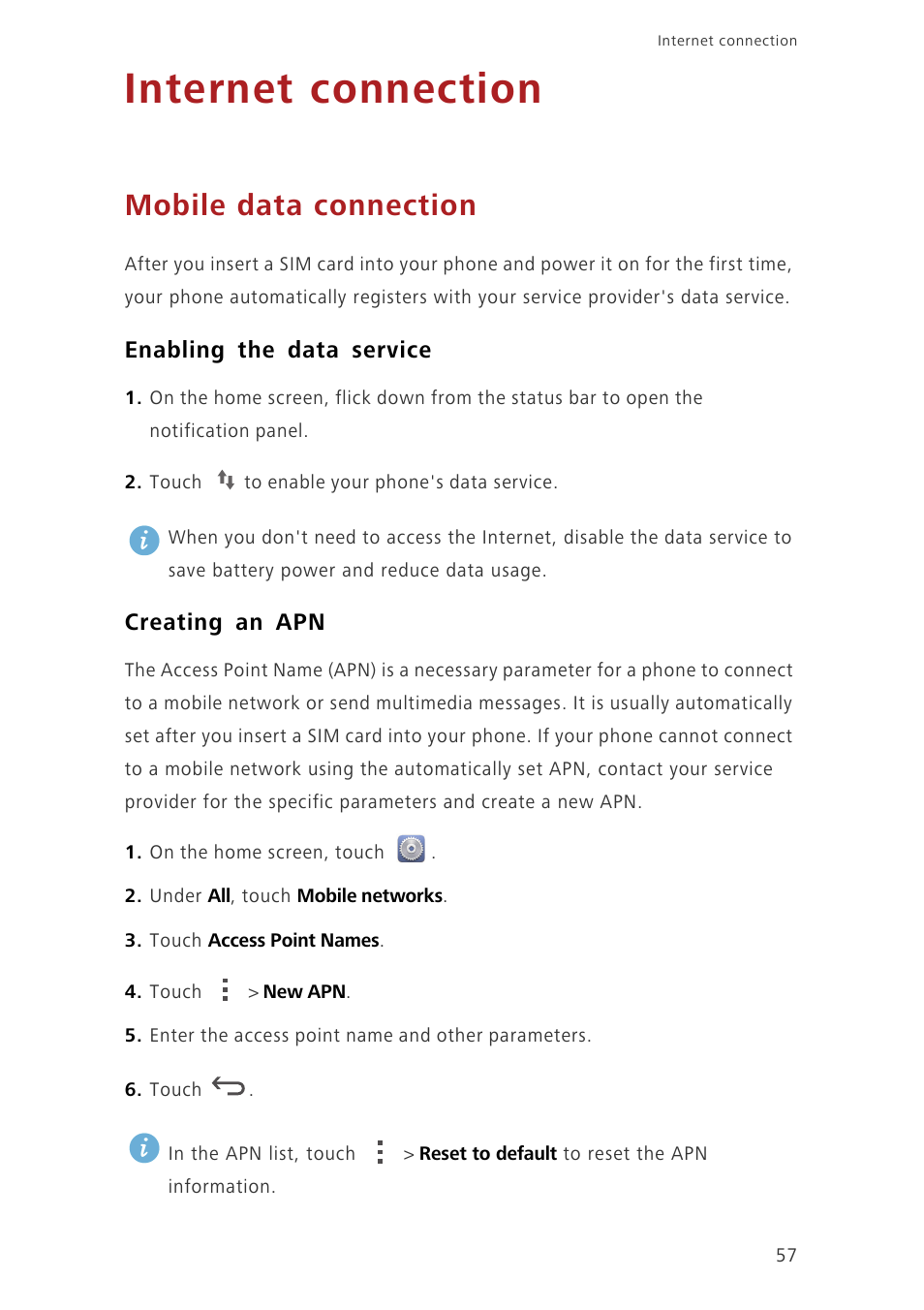 Internet connection, Mobile data connection, Enabling the data service | Creating an apn | Huawei Ascend G630-U251 User Guide User Manual | Page 62 / 98