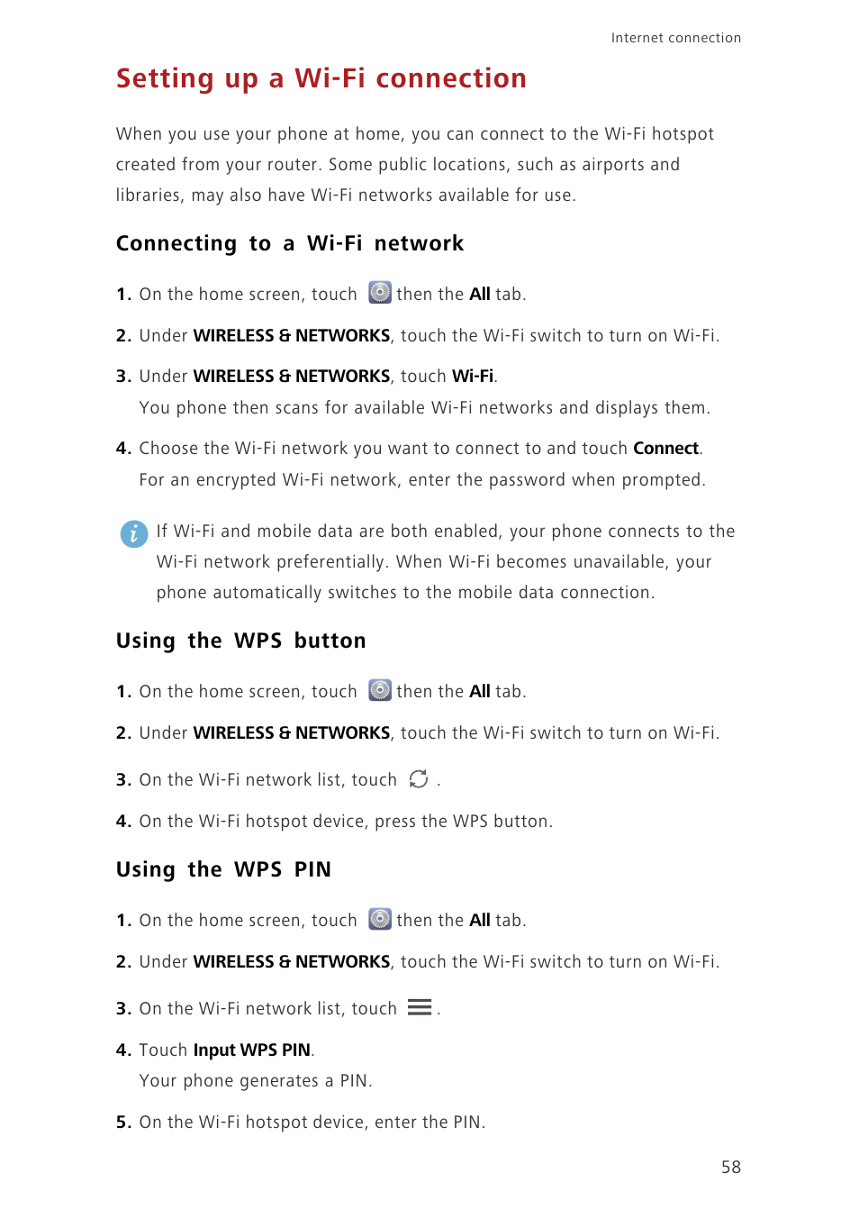 Setting up a wi-fi connection, Connecting to a wi-fi network, Using the wps button | Using the wps pin | Huawei Ascend G630-U251 User Guide User Manual | Page 63 / 98