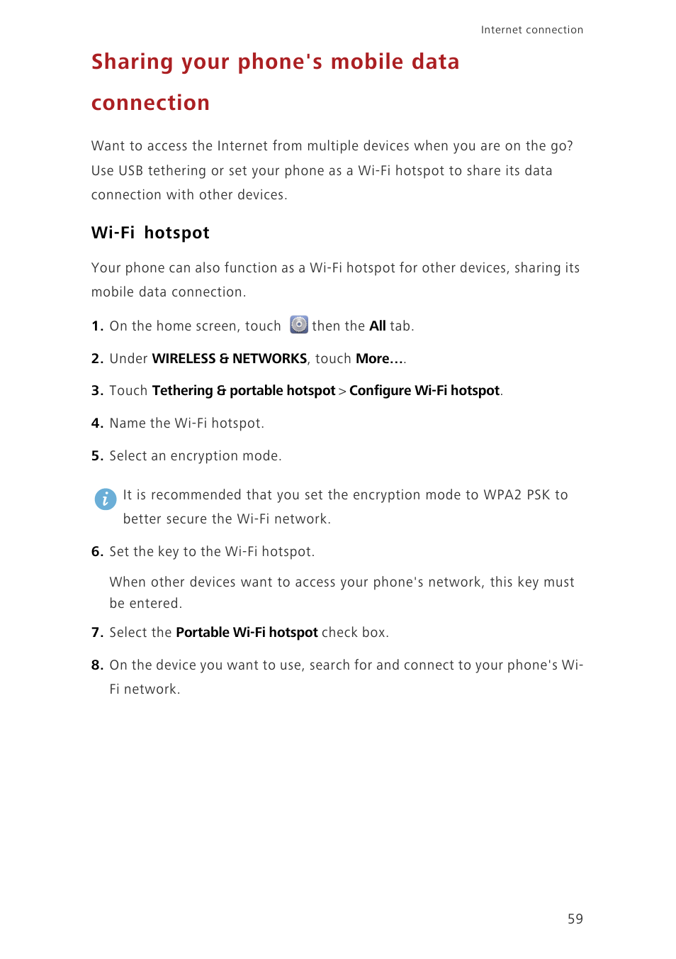 Sharing your phone's mobile data connection, Wi-fi hotspot | Huawei Ascend G630-U251 User Guide User Manual | Page 64 / 98