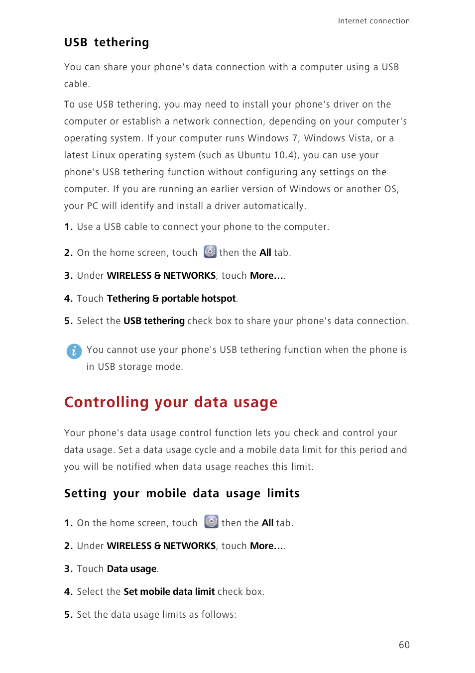 Usb tethering, Controlling your data usage, Setting your mobile data usage limits | Huawei Ascend G630-U251 User Guide User Manual | Page 65 / 98