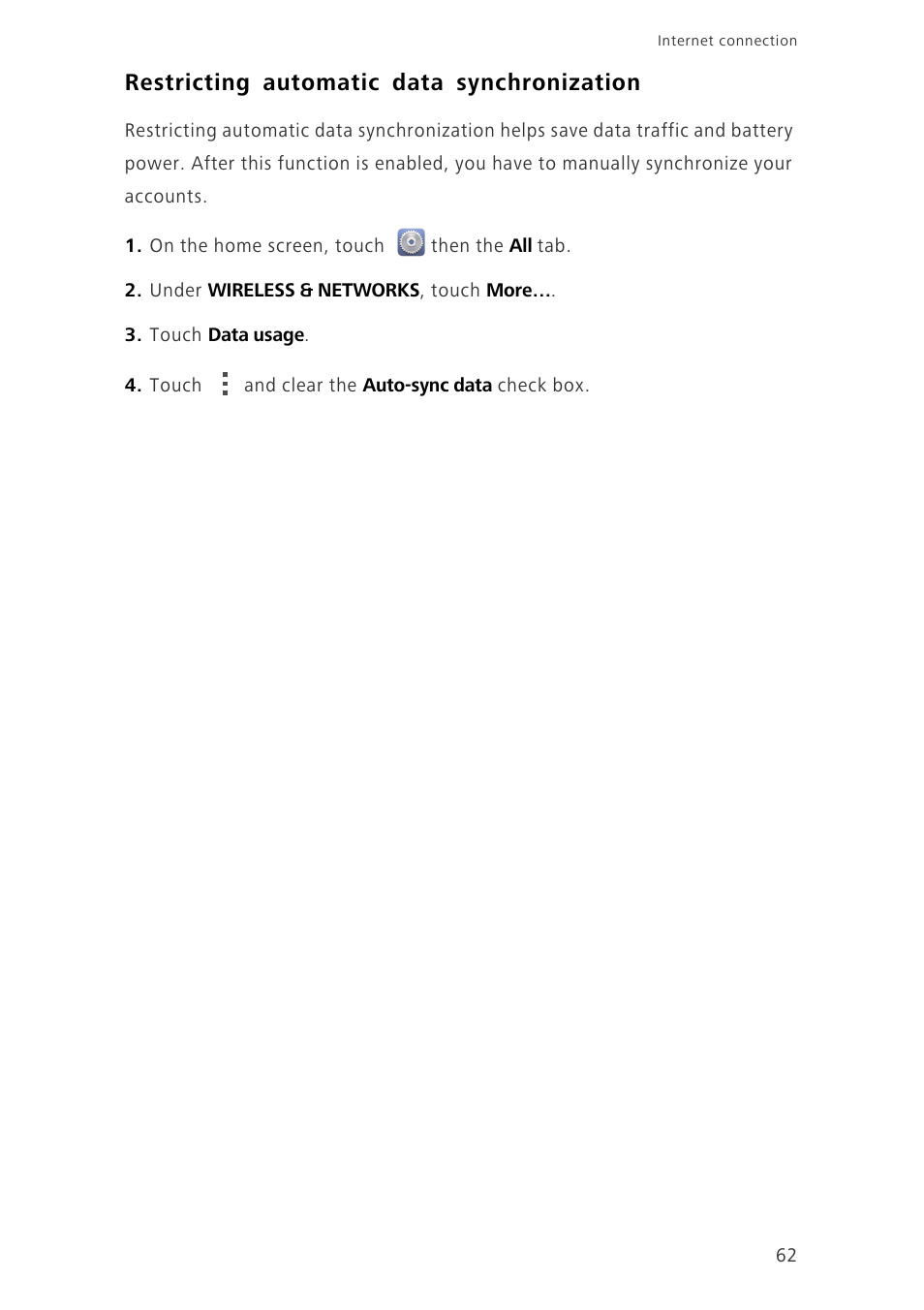 Restricting automatic data synchronization | Huawei Ascend G630-U251 User Guide User Manual | Page 67 / 98