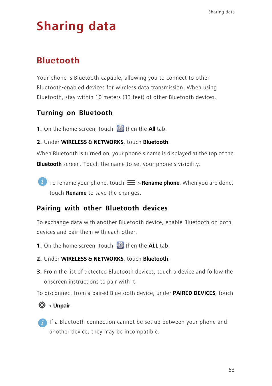 Sharing data, Bluetooth, Turning on bluetooth | Pairing with other bluetooth devices | Huawei Ascend G630-U251 User Guide User Manual | Page 68 / 98