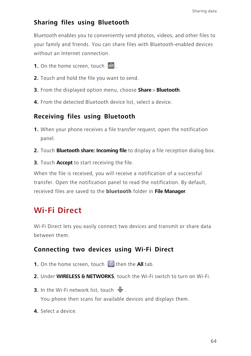 Sharing files using bluetooth, Receiving files using bluetooth, Wi-fi direct | Connecting two devices using wi-fi direct | Huawei Ascend G630-U251 User Guide User Manual | Page 69 / 98