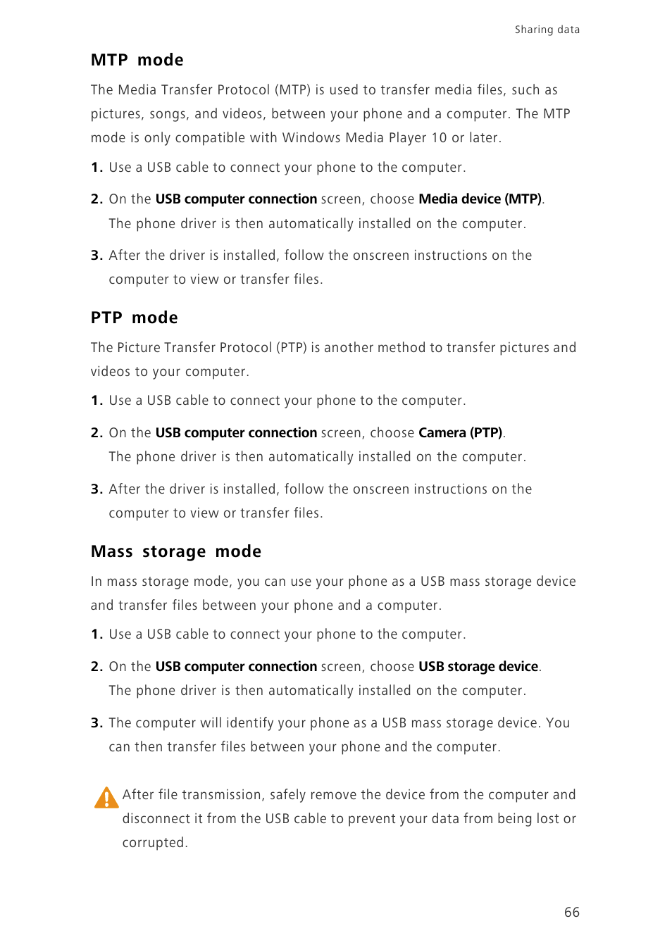 Mtp mode, Ptp mode, Mass storage mode | Huawei Ascend G630-U251 User Guide User Manual | Page 71 / 98