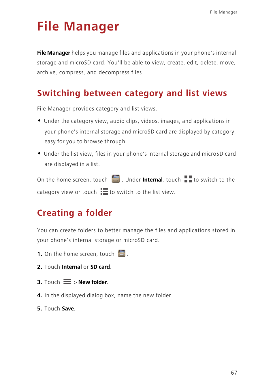 File manager, Switching between category and list views, Creating a folder | Huawei Ascend G630-U251 User Guide User Manual | Page 72 / 98