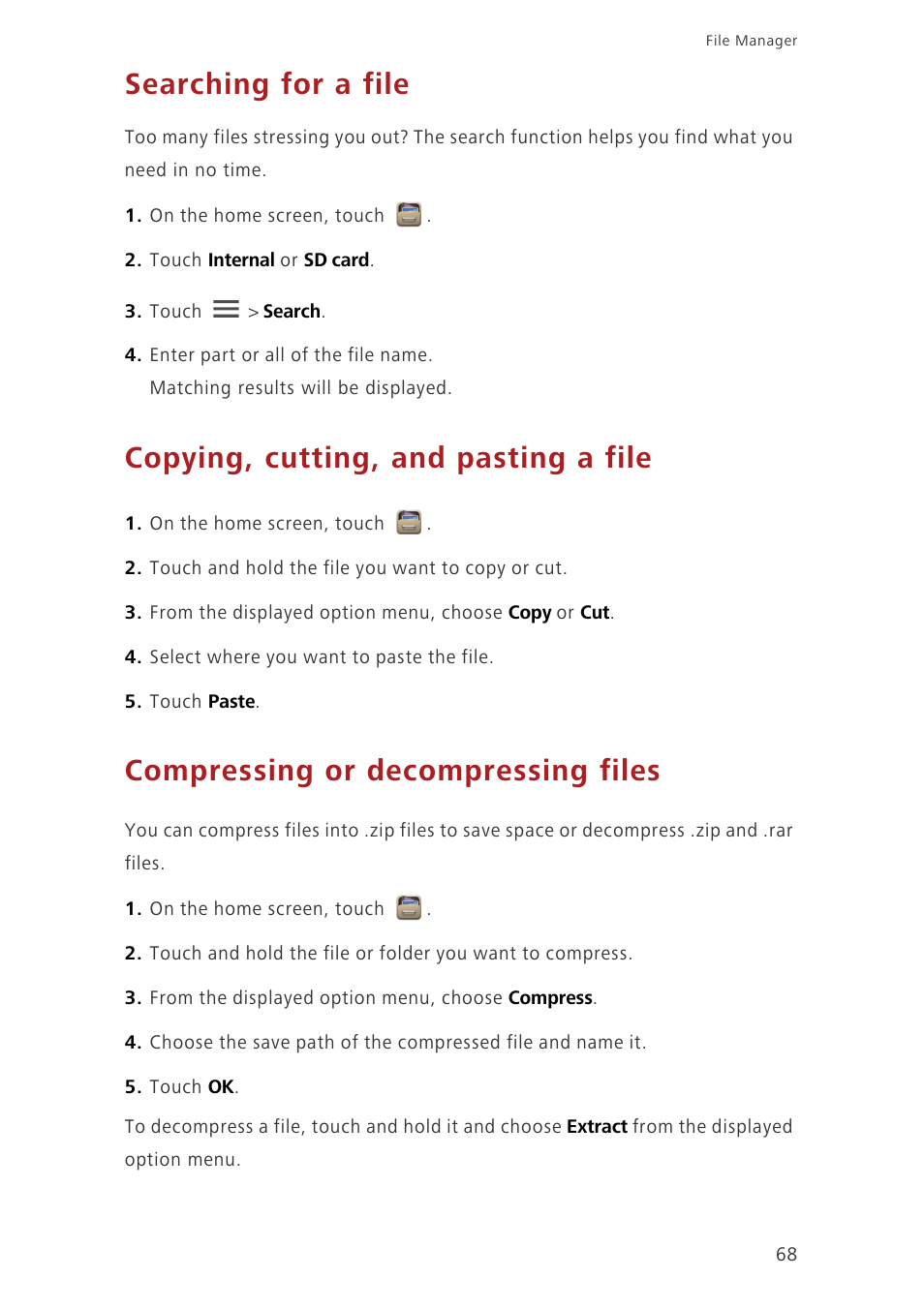 Searching for a file, Copying, cutting, and pasting a file, Compressing or decompressing files | Huawei Ascend G630-U251 User Guide User Manual | Page 73 / 98