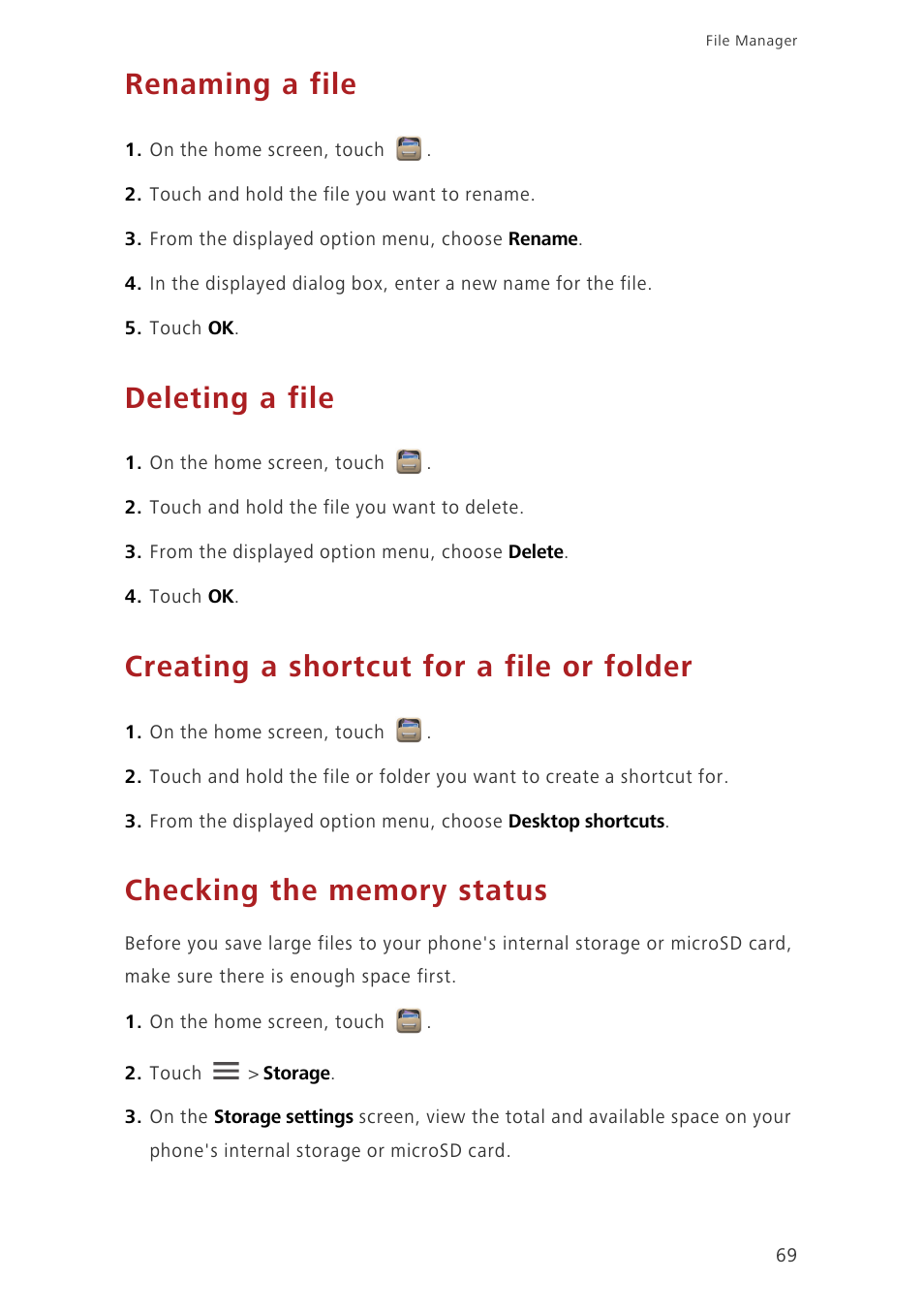 Renaming a file, Deleting a file, Creating a shortcut for a file or folder | Checking the memory status | Huawei Ascend G630-U251 User Guide User Manual | Page 74 / 98