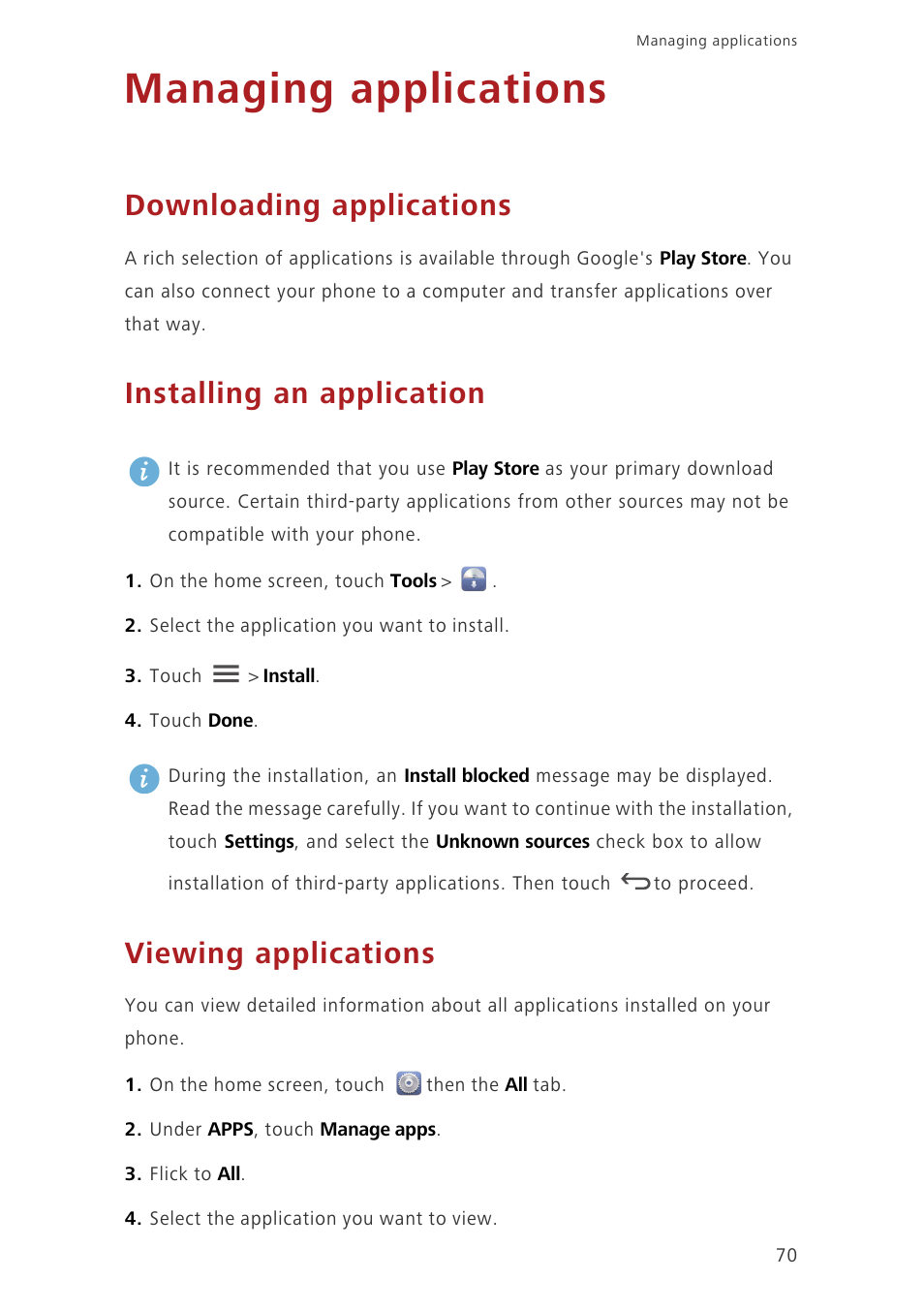 Managing applications, Downloading applications, Installing an application | Viewing applications | Huawei Ascend G630-U251 User Guide User Manual | Page 75 / 98