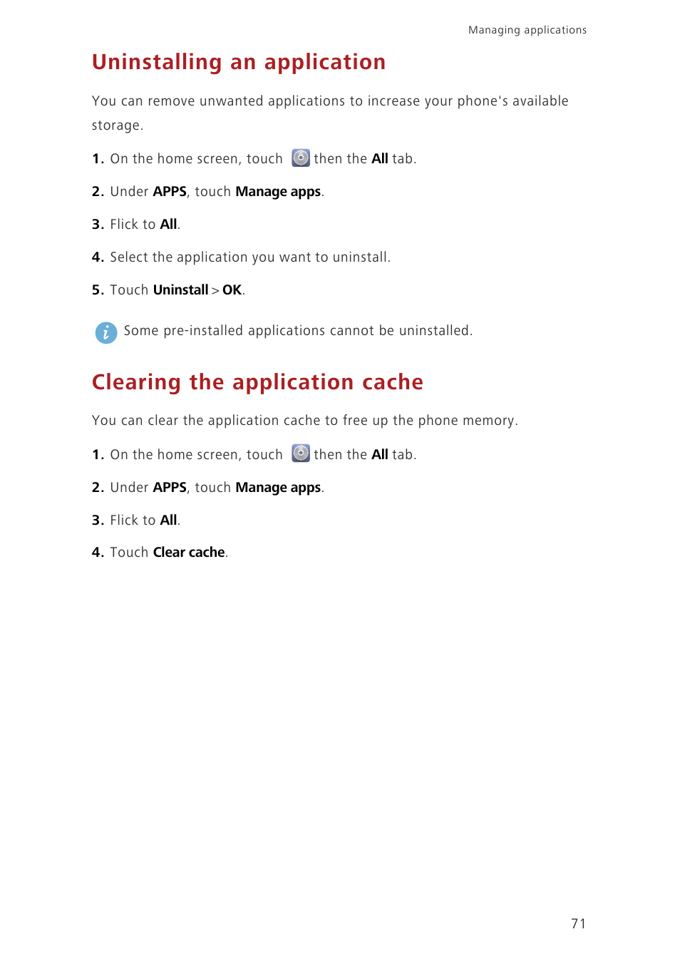 Uninstalling an application, Clearing the application cache | Huawei Ascend G630-U251 User Guide User Manual | Page 76 / 98