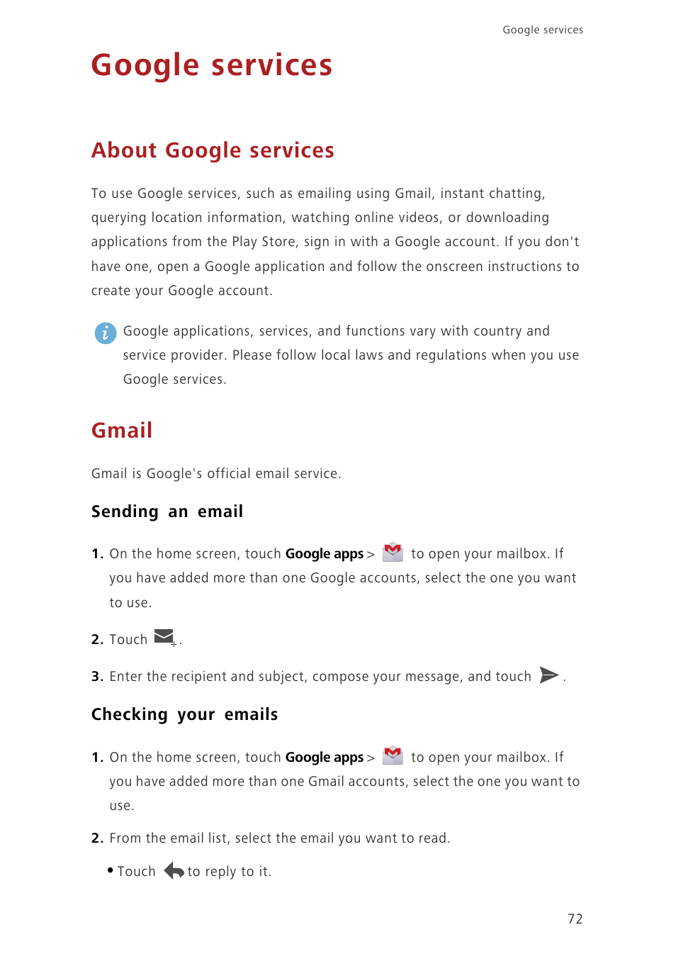 Google services, About google services, Gmail | Sending an email, Checking your emails | Huawei Ascend G630-U251 User Guide User Manual | Page 77 / 98