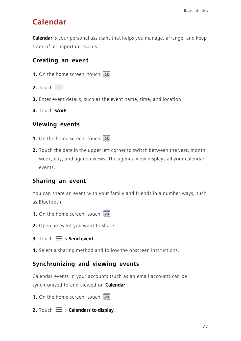 Calendar, Creating an event, Viewing events | Sharing an event, Synchronizing and viewing events | Huawei Ascend G630-U251 User Guide User Manual | Page 82 / 98