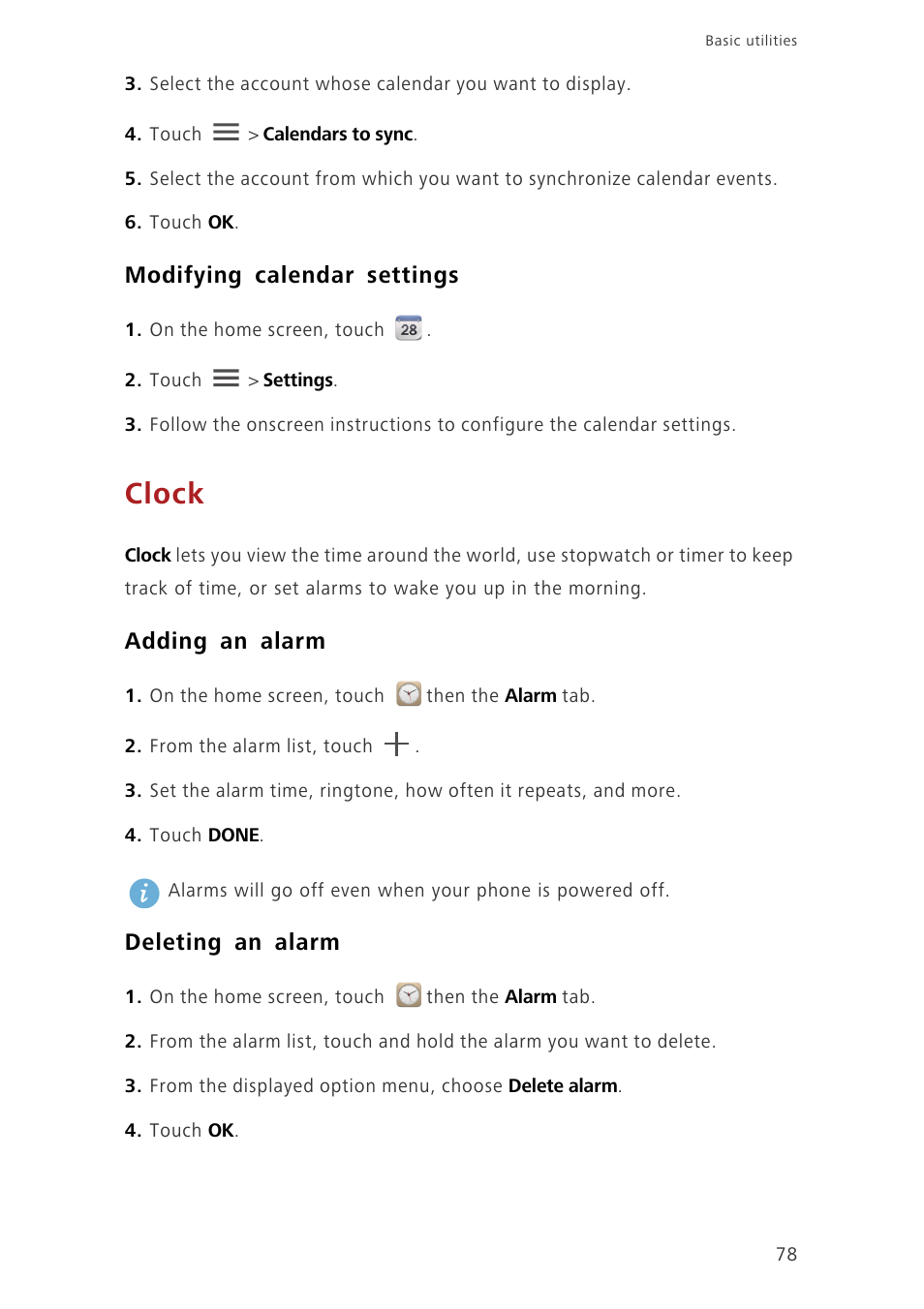 Modifying calendar settings, Clock, Adding an alarm | Deleting an alarm | Huawei Ascend G630-U251 User Guide User Manual | Page 83 / 98