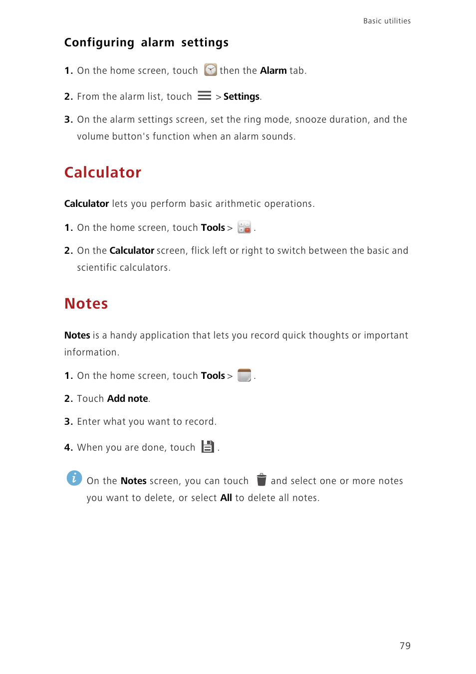 Configuring alarm settings, Calculator, Notes | Huawei Ascend G630-U251 User Guide User Manual | Page 84 / 98