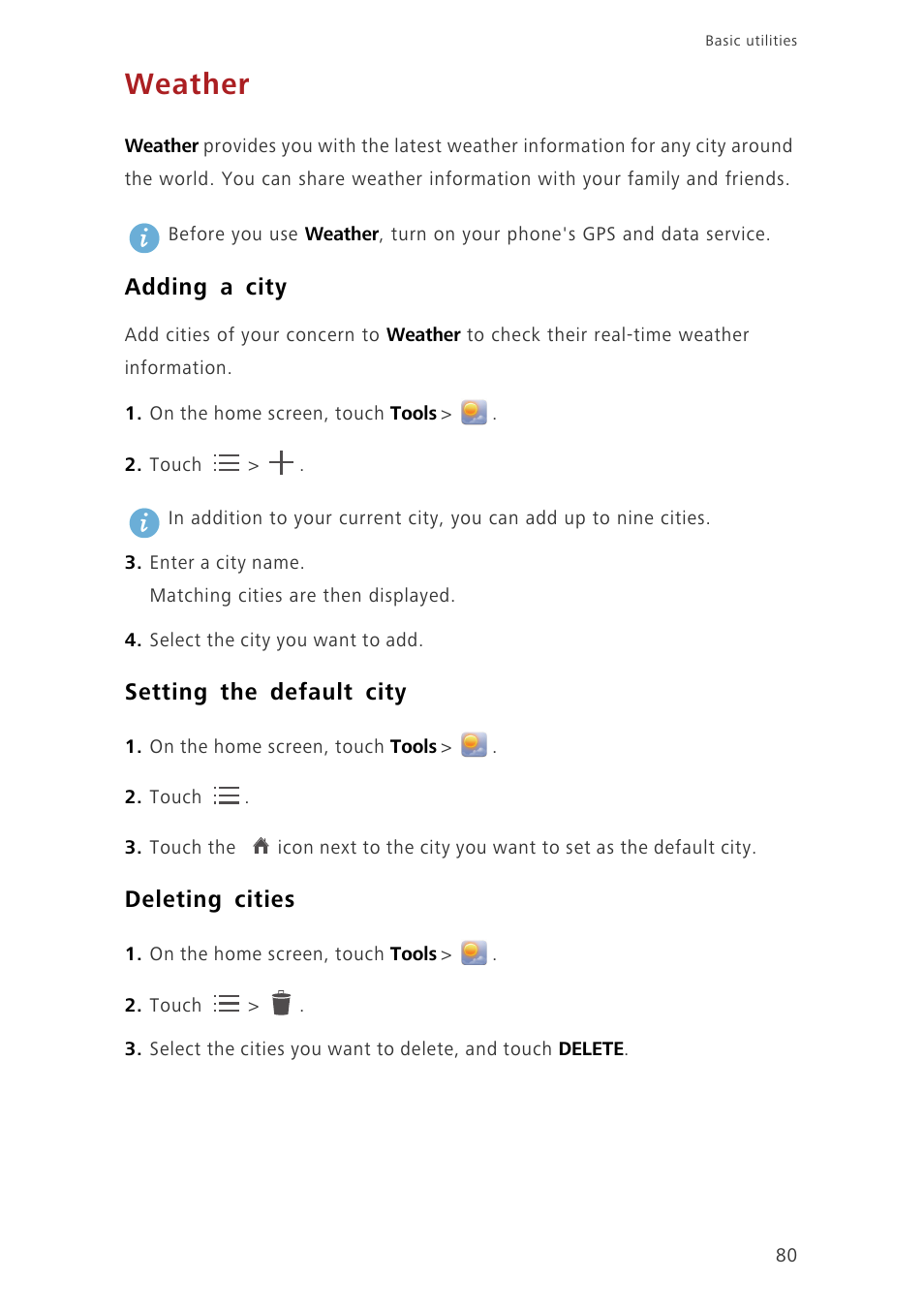 Weather, Adding a city, Setting the default city | Deleting cities | Huawei Ascend G630-U251 User Guide User Manual | Page 85 / 98
