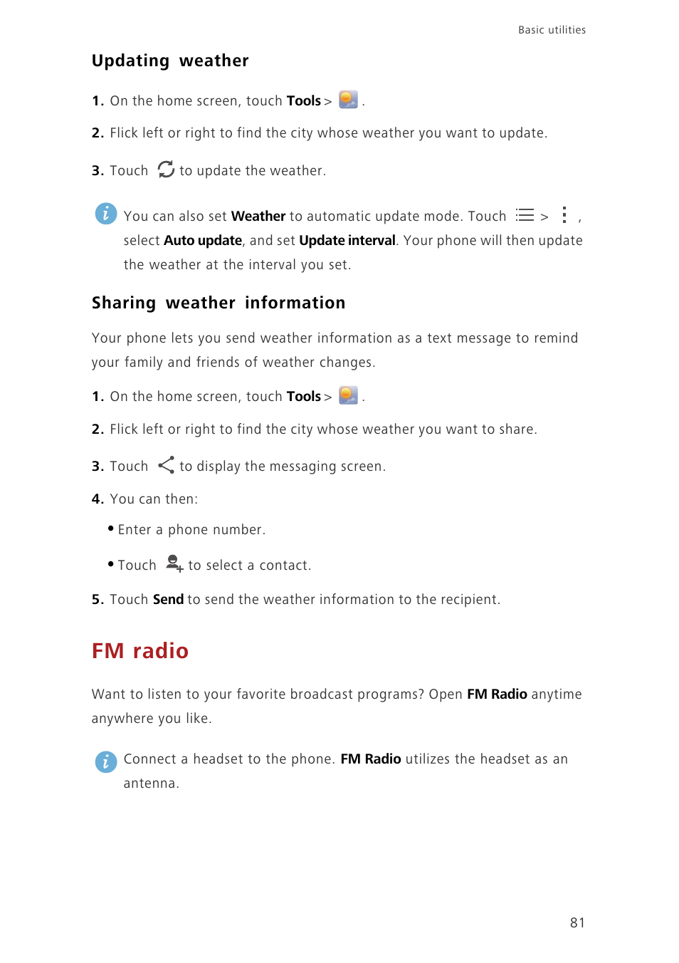 Updating weather, Sharing weather information, Fm radio | Huawei Ascend G630-U251 User Guide User Manual | Page 86 / 98