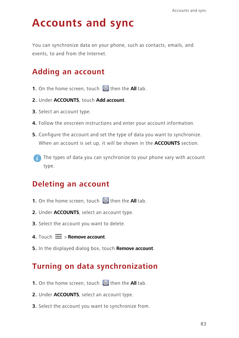 Accounts and sync, Adding an account, Deleting an account | Turning on data synchronization | Huawei Ascend G630-U251 User Guide User Manual | Page 88 / 98