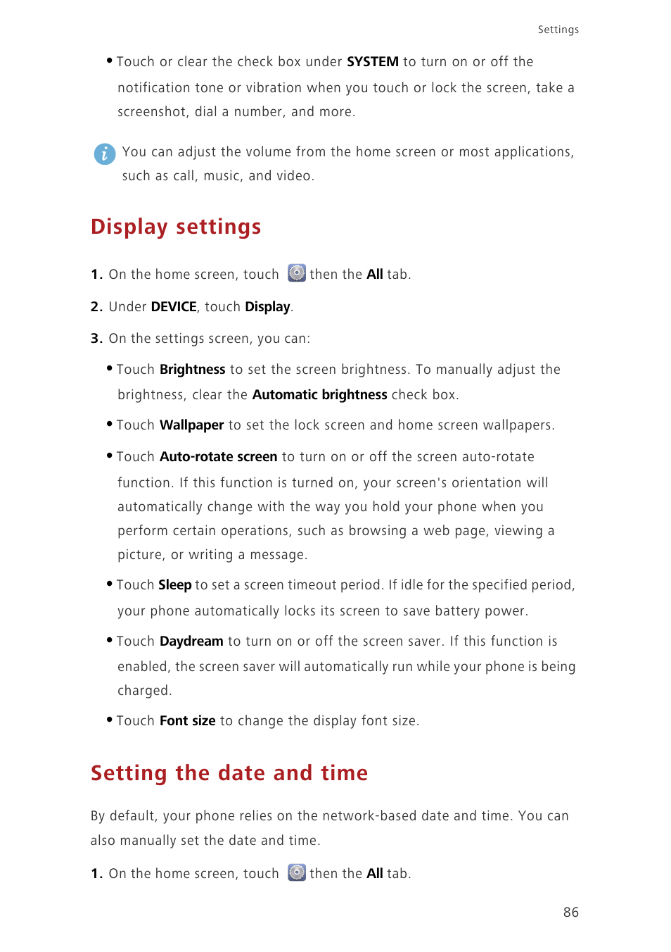 Display settings, Setting the date and time | Huawei Ascend G630-U251 User Guide User Manual | Page 91 / 98