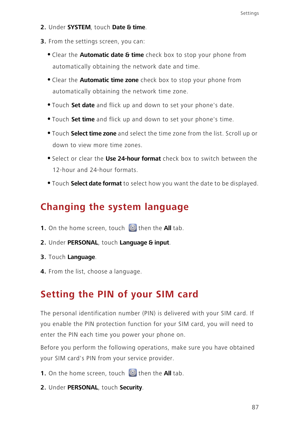 Changing the system language, Setting the pin of your sim card | Huawei Ascend G630-U251 User Guide User Manual | Page 92 / 98