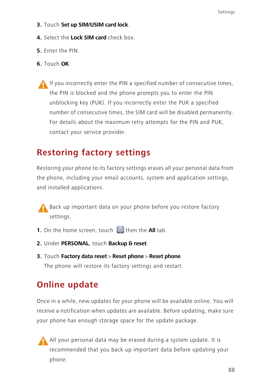 Restoring factory settings, Online update | Huawei Ascend G630-U251 User Guide User Manual | Page 93 / 98