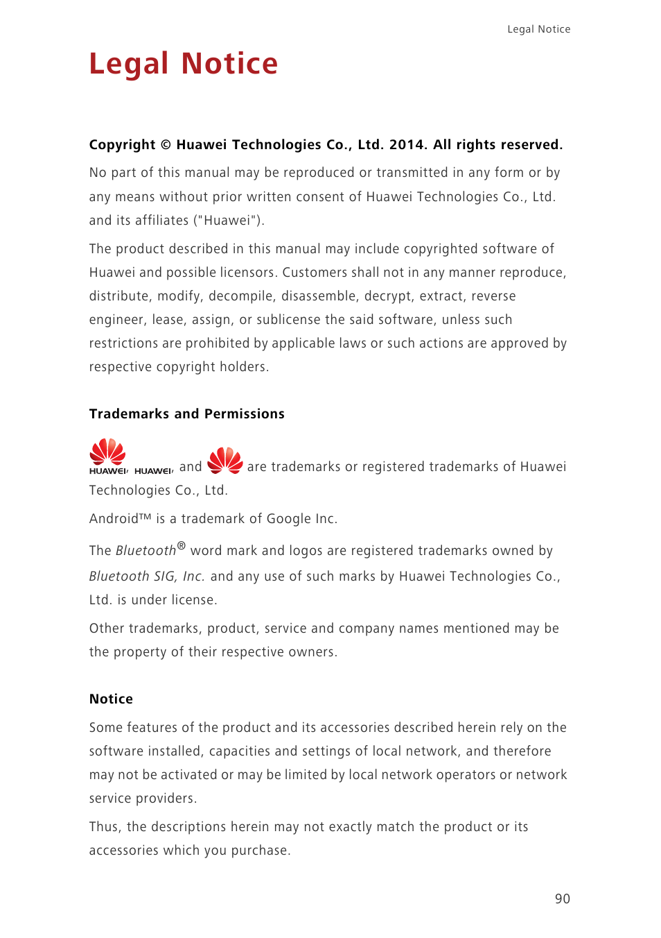 Legal notice, Trademarks and permissions, Notice | Huawei Ascend G630-U251 User Guide User Manual | Page 95 / 98