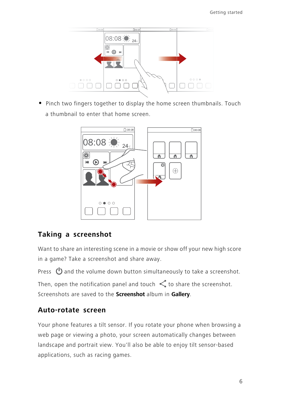 Taking a screenshot, Auto-rotate screen | Huawei Ascend G6-U10 User Manual | Page 10 / 59