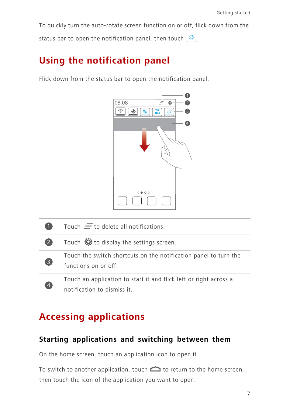 Using the notification panel, Accessing applications, Starting applications and switching between them | Huawei Ascend G6-U10 User Manual | Page 11 / 59