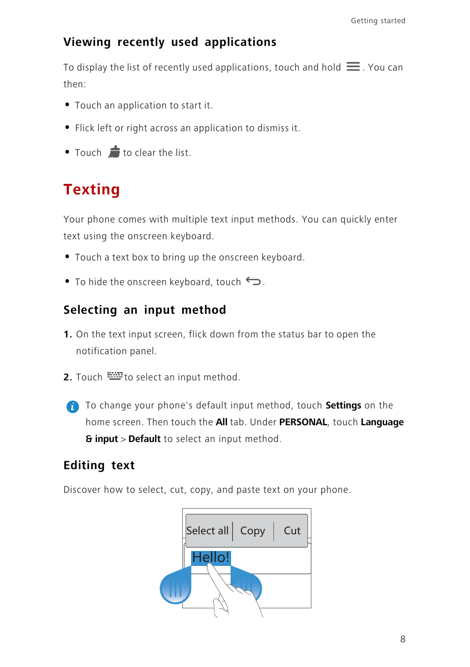 Viewing recently used applications, Texting, Selecting an input method | Editing text, Krru | Huawei Ascend G6-U10 User Manual | Page 12 / 59