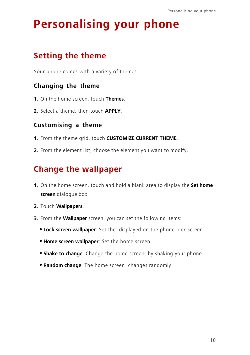 Personalising your phone, Setting the theme, Changing the theme | Customising a theme, Change the wallpaper | Huawei Ascend G6-U10 User Manual | Page 14 / 59