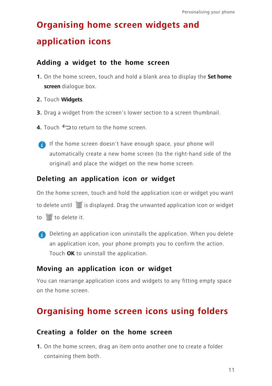Adding a widget to the home screen, Deleting an application icon or widget, Moving an application icon or widget | Organising home screen icons using folders, Creating a folder on the home screen | Huawei Ascend G6-U10 User Manual | Page 15 / 59